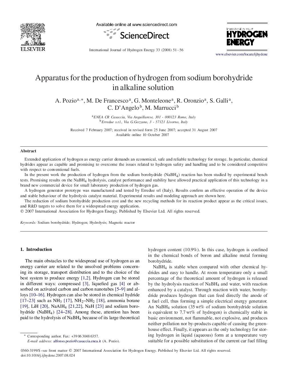 Apparatus for the production of hydrogen from sodium borohydride in alkaline solution