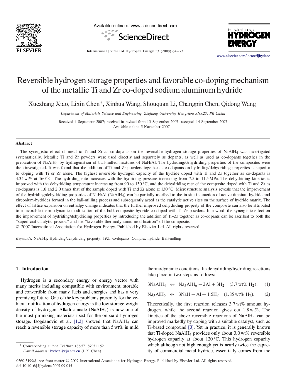 Reversible hydrogen storage properties and favorable co-doping mechanism of the metallic Ti and Zr co-doped sodium aluminum hydride