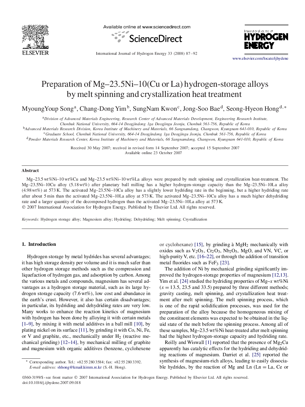 Preparation of Mg–23.5Ni–10(Cu or La) hydrogen-storage alloys by melt spinning and crystallization heat treatment