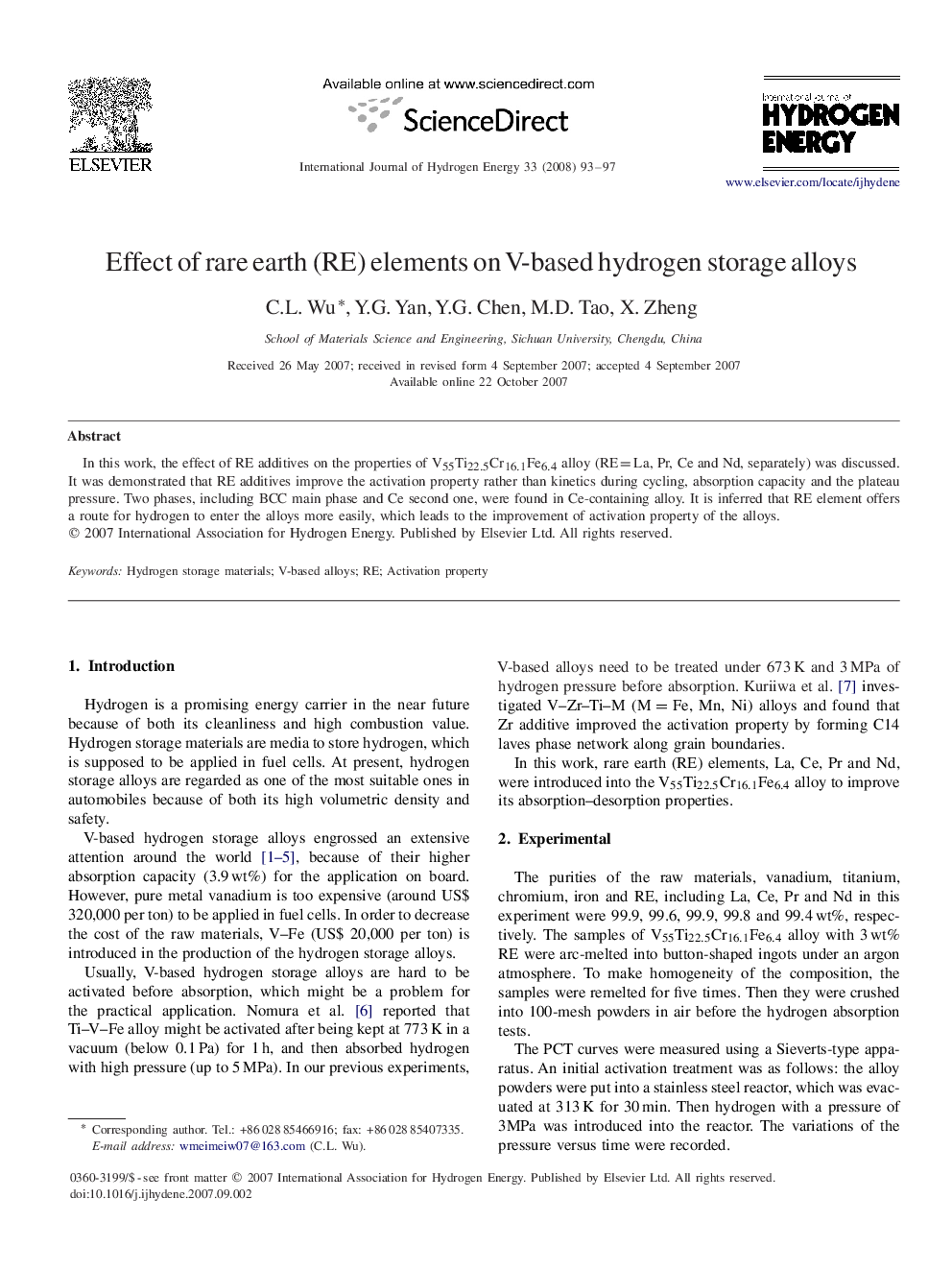 Effect of rare earth (RE) elements on V-based hydrogen storage alloys