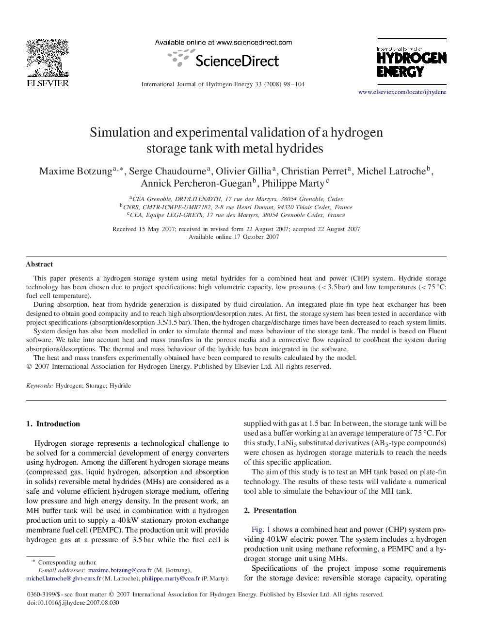 Simulation and experimental validation of a hydrogen storage tank with metal hydrides