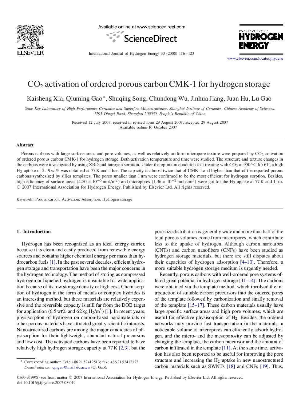 CO2 activation of ordered porous carbon CMK-1 for hydrogen storage