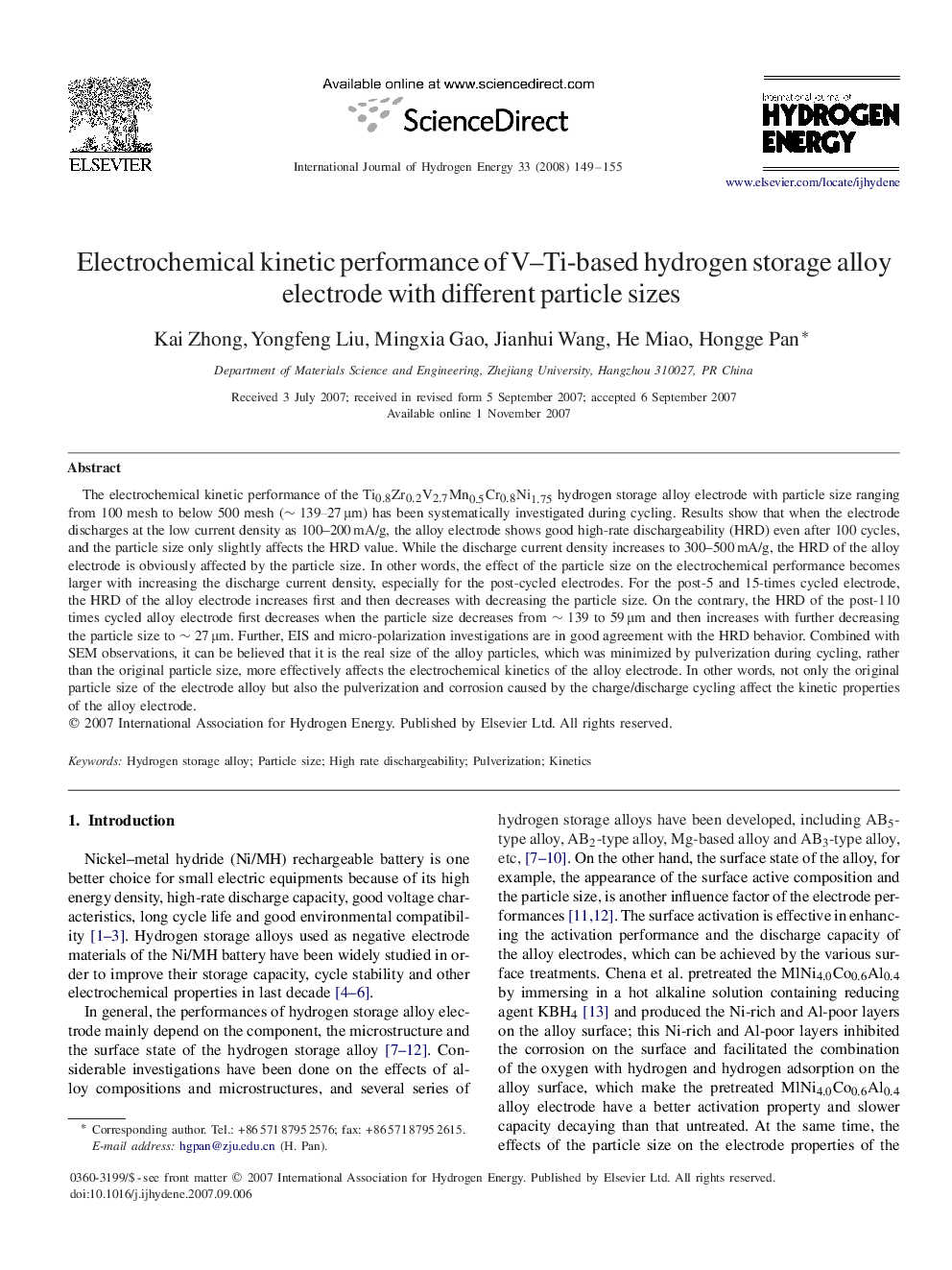 Electrochemical kinetic performance of V-Ti-based hydrogen storage alloy electrode with different particle sizes