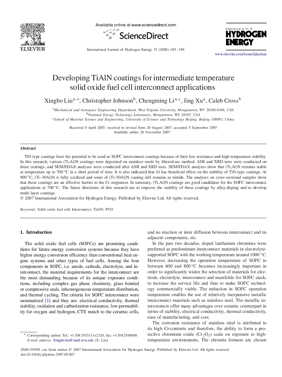 Developing TiAlN coatings for intermediate temperature solid oxide fuel cell interconnect applications