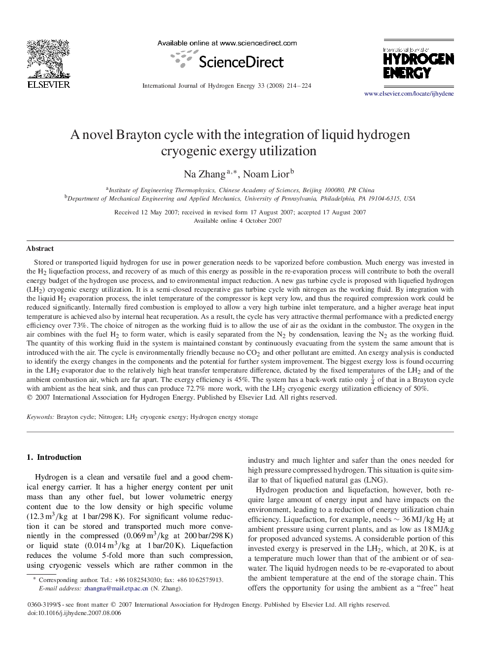 A novel Brayton cycle with the integration of liquid hydrogen cryogenic exergy utilization