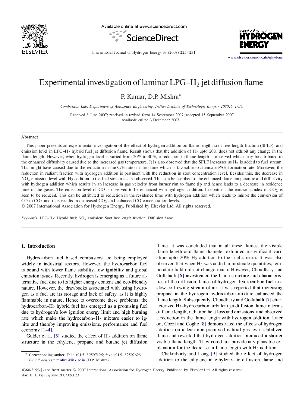 Experimental investigation of laminar LPG–H2 jet diffusion flame