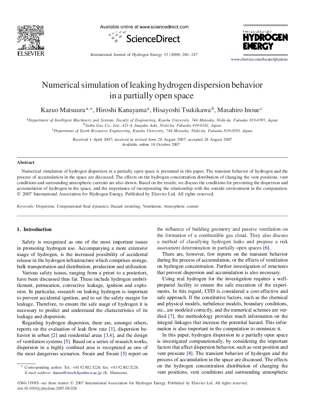 Numerical simulation of leaking hydrogen dispersion behavior in a partially open space