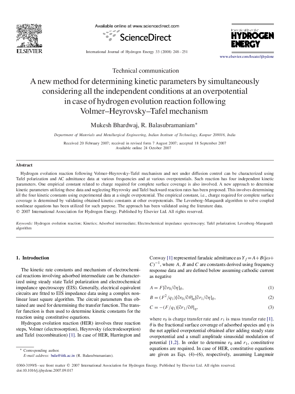 A new method for determining kinetic parameters by simultaneously considering all the independent conditions at an overpotential in case of hydrogen evolution reaction following Volmer–Heyrovsky–Tafel mechanism