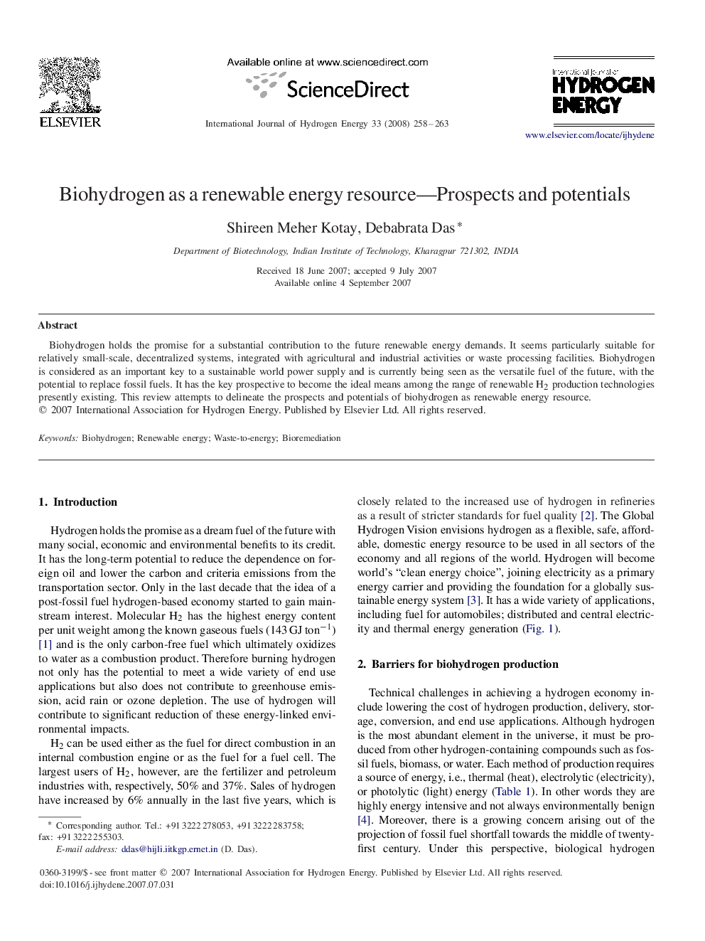 Biohydrogen as a renewable energy resource—Prospects and potentials