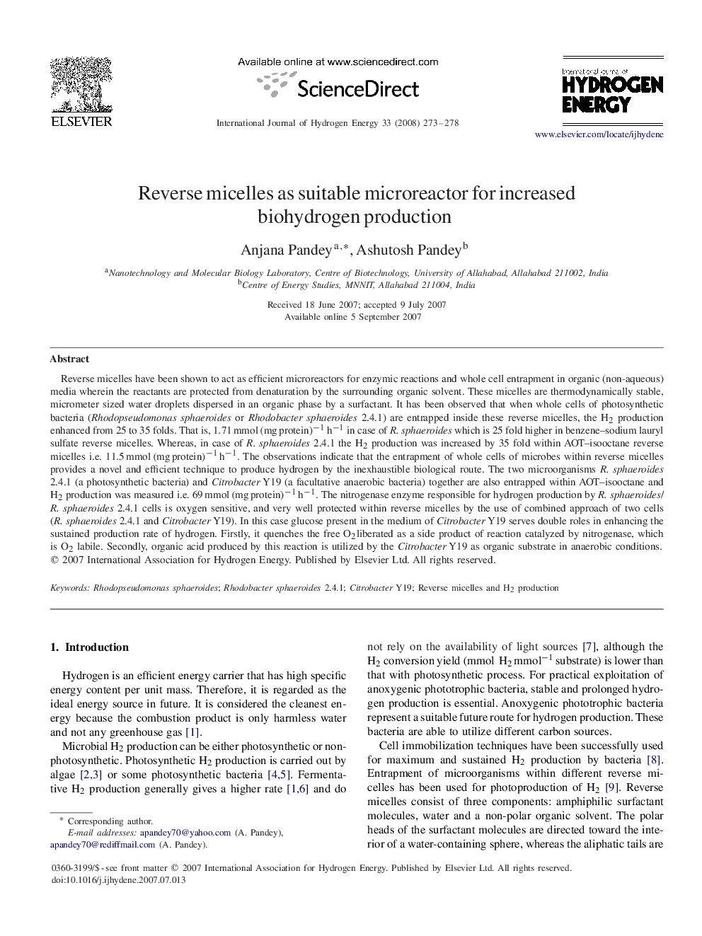 Reverse micelles as suitable microreactor for increased biohydrogen production