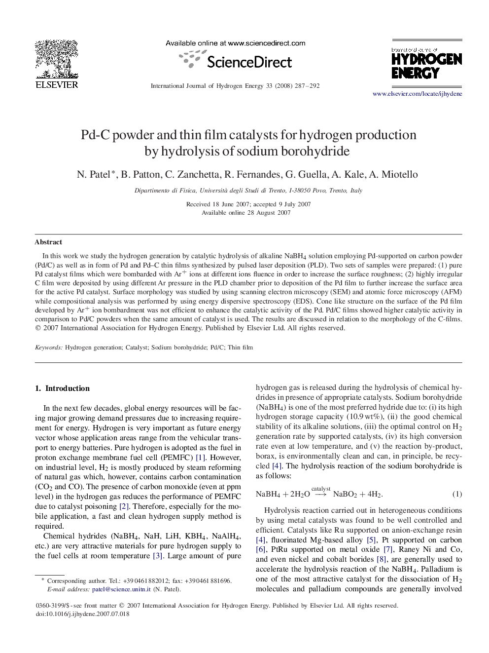 Pd-C powder and thin film catalysts for hydrogen production by hydrolysis of sodium borohydride