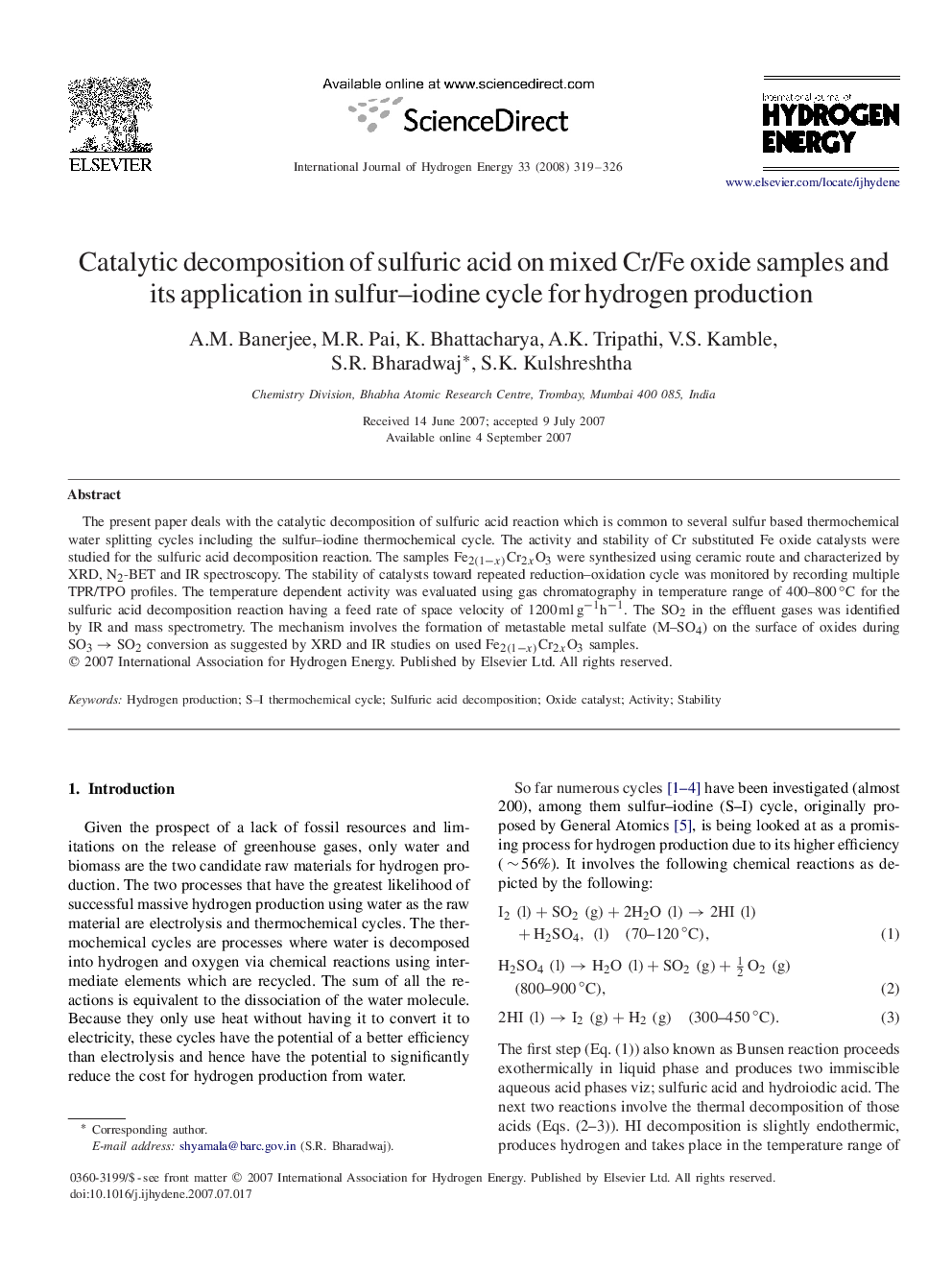 Catalytic decomposition of sulfuric acid on mixed Cr/Fe oxide samples and its application in sulfur–iodine cycle for hydrogen production