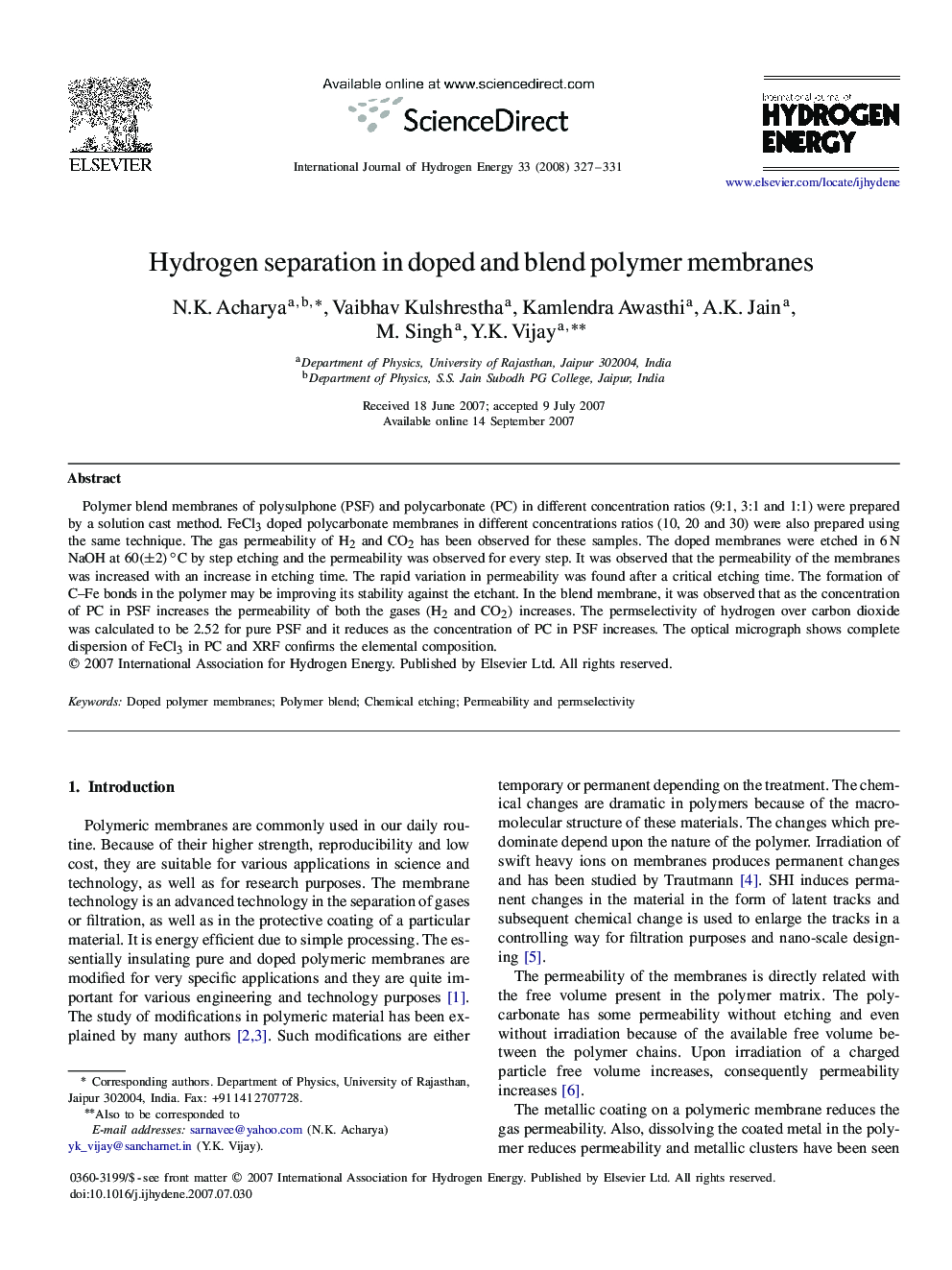 Hydrogen separation in doped and blend polymer membranes