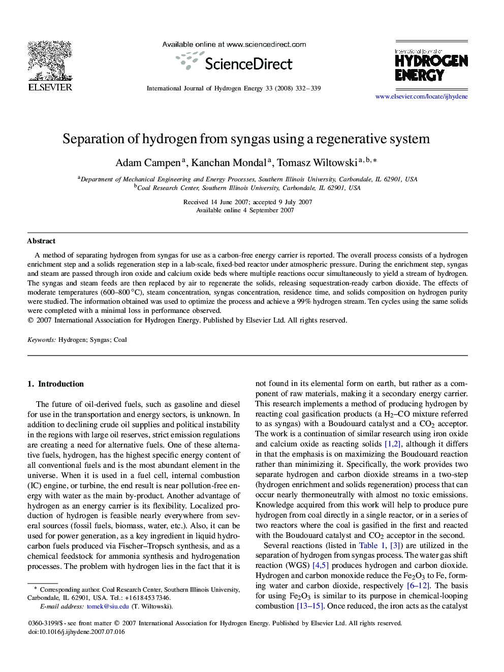 Separation of hydrogen from syngas using a regenerative system