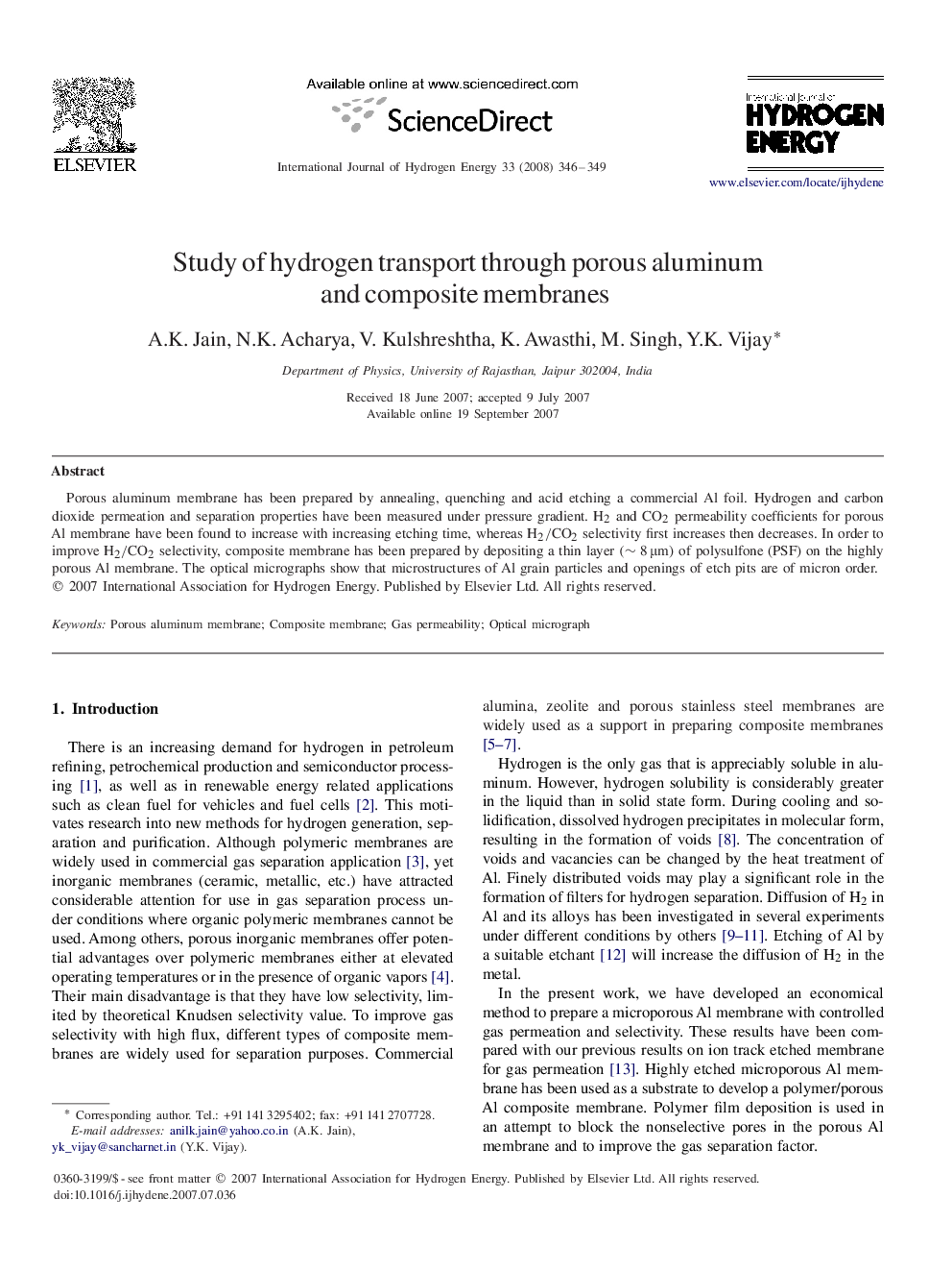 Study of hydrogen transport through porous aluminum and composite membranes