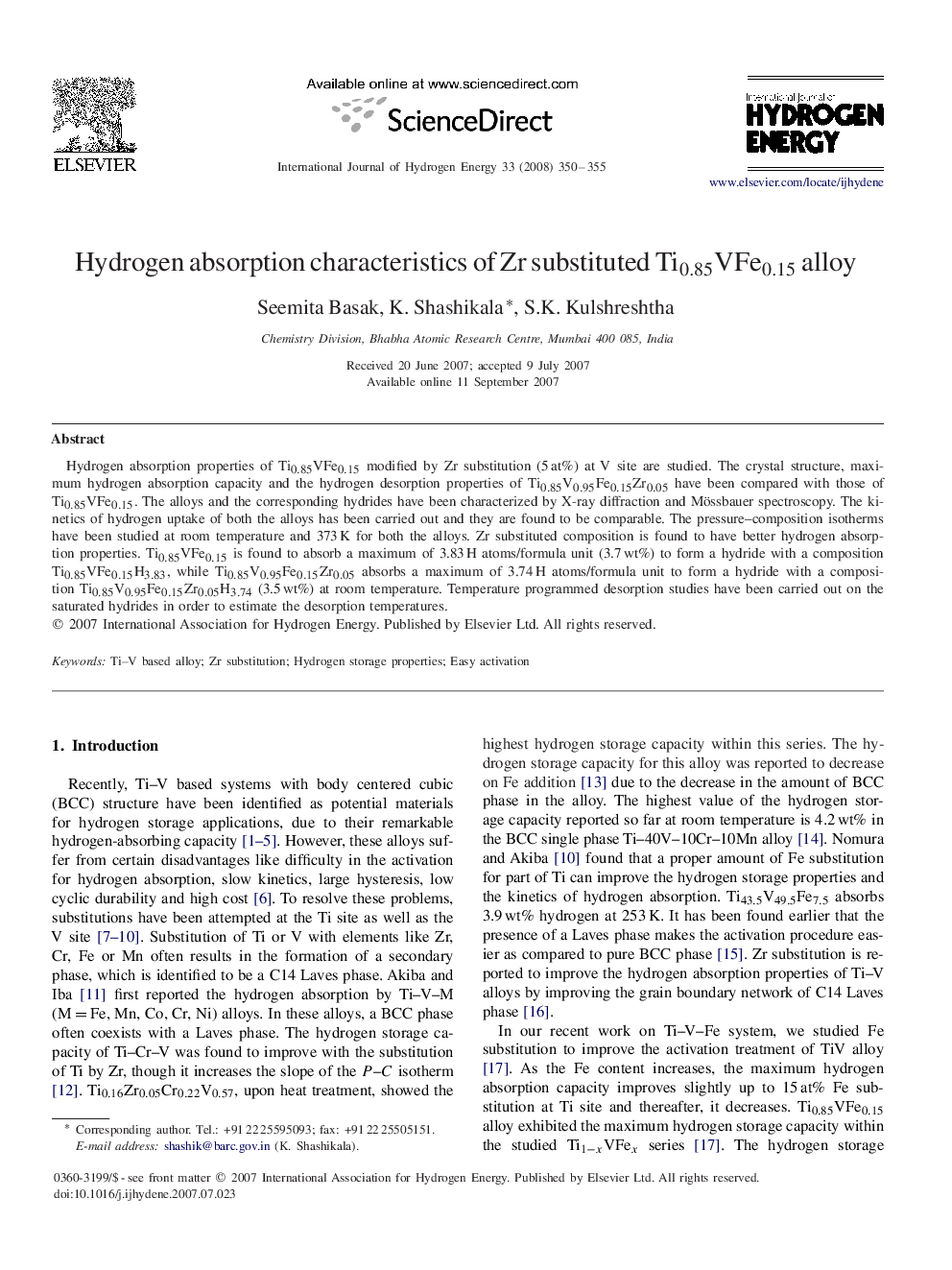 Hydrogen absorption characteristics of Zr substituted Ti0.85VFe0.15Ti0.85VFe0.15 alloy