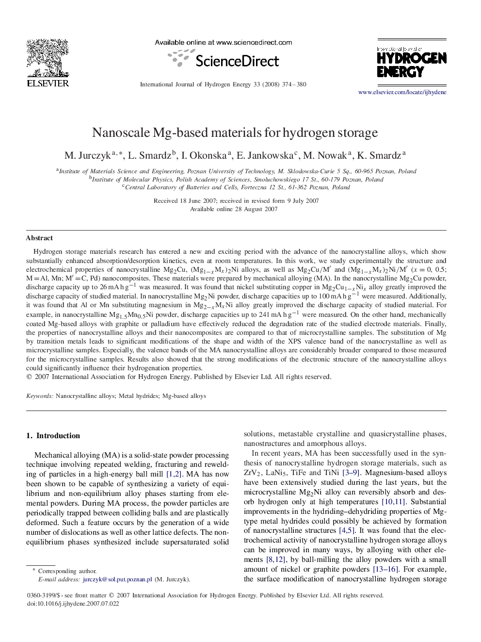 Nanoscale Mg-based materials for hydrogen storage