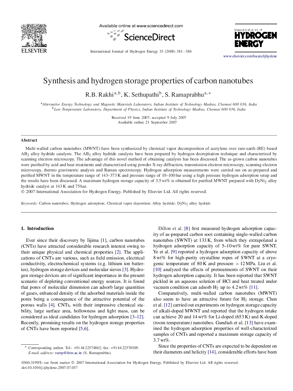 Synthesis and hydrogen storage properties of carbon nanotubes