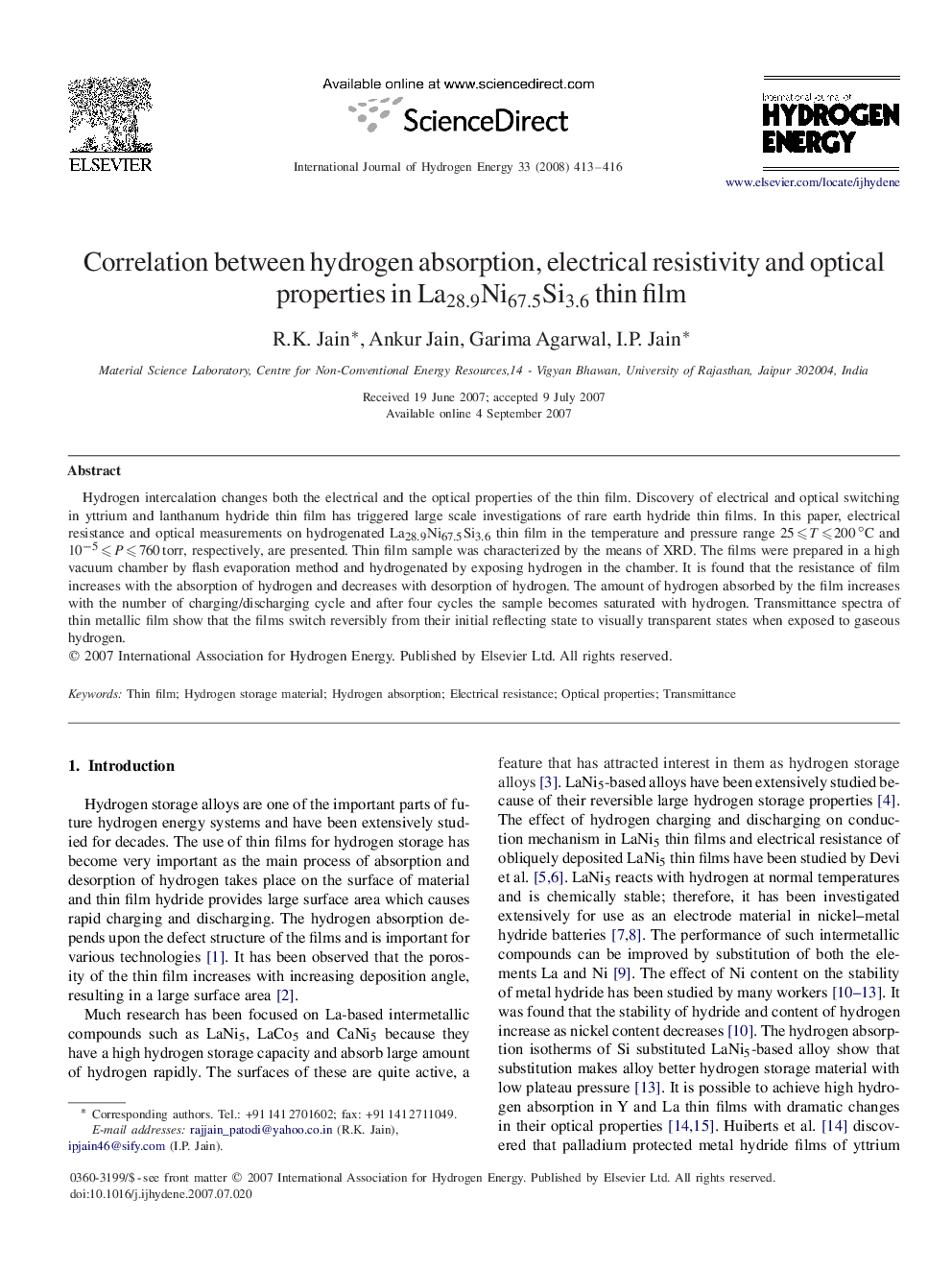 Correlation between hydrogen absorption, electrical resistivity and optical properties in La28.9Ni67.5Si3.6 thin film