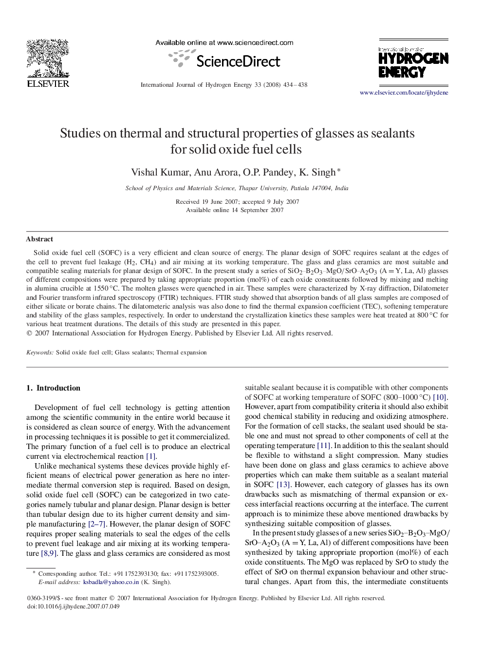 Studies on thermal and structural properties of glasses as sealants for solid oxide fuel cells