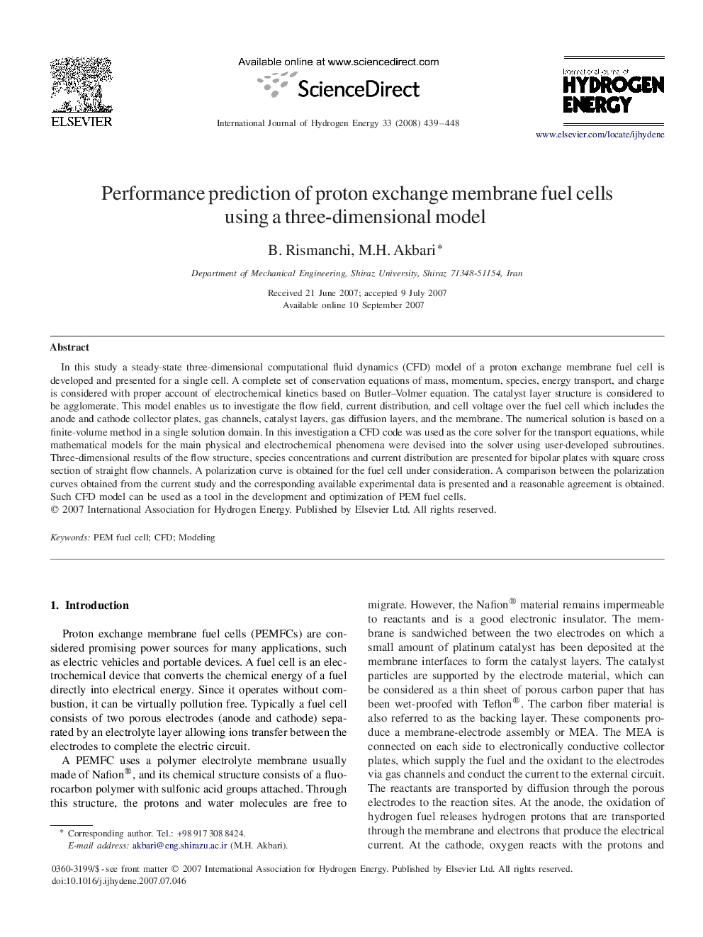 Performance prediction of proton exchange membrane fuel cells using a three-dimensional model