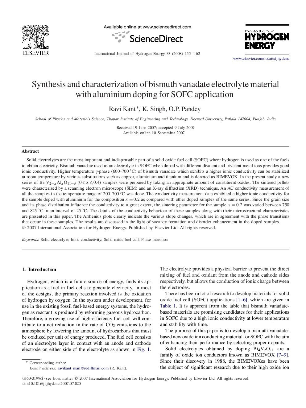 Synthesis and characterization of bismuth vanadate electrolyte material with aluminium doping for SOFC application