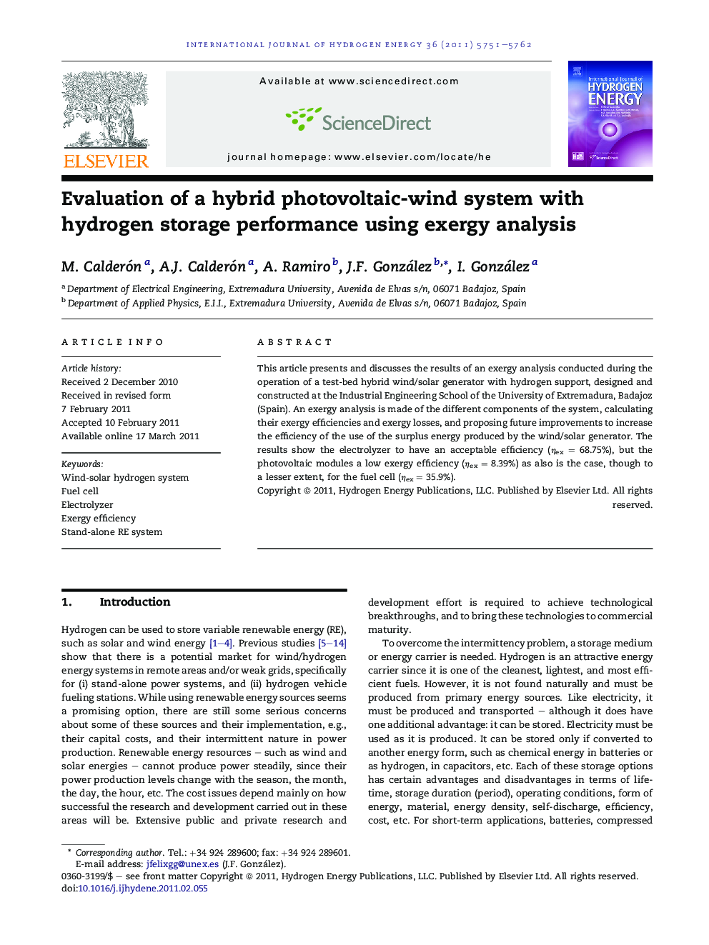 Evaluation of a hybrid photovoltaic-wind system with hydrogen storage performance using exergy analysis