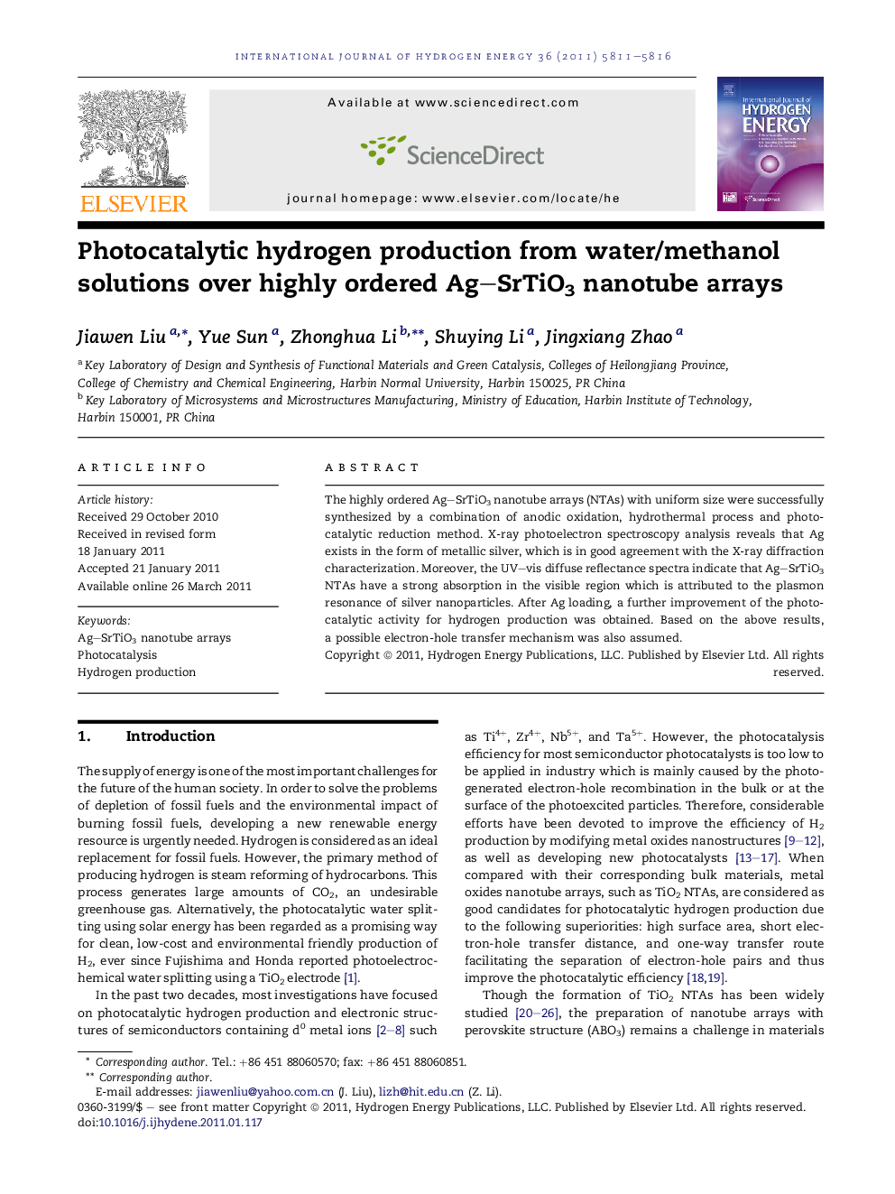 Photocatalytic hydrogen production from water/methanol solutions over highly ordered Ag–SrTiO3 nanotube arrays