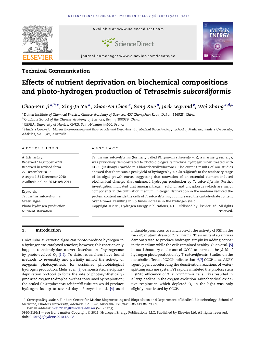 Effects of nutrient deprivation on biochemical compositions and photo-hydrogen production of Tetraselmis subcordiformis