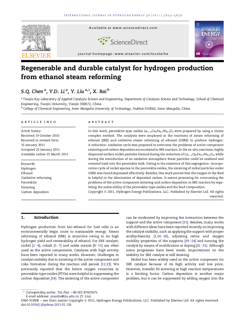 Regenerable and durable catalyst for hydrogen production from ethanol steam reforming