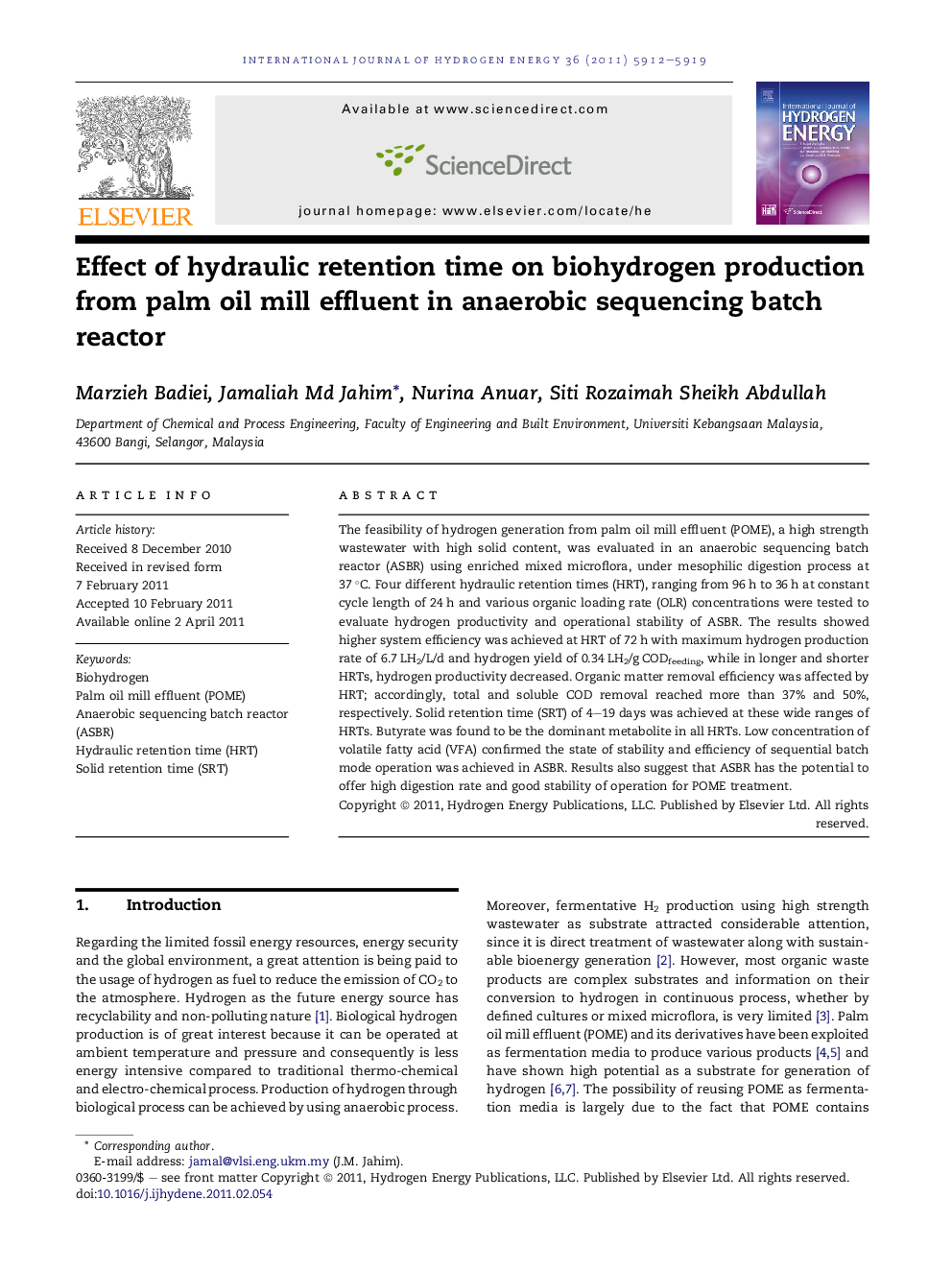 Effect of hydraulic retention time on biohydrogen production from palm oil mill effluent in anaerobic sequencing batch reactor