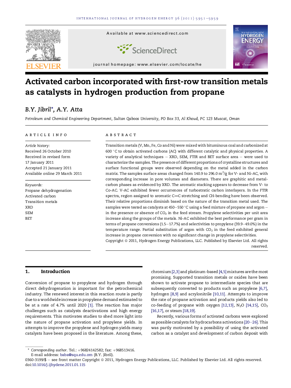 Activated carbon incorporated with first-row transition metals as catalysts in hydrogen production from propane