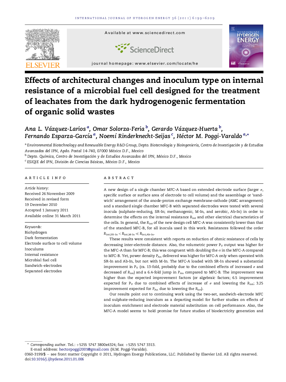 Effects of architectural changes and inoculum type on internal resistance of a microbial fuel cell designed for the treatment of leachates from the dark hydrogenogenic fermentation of organic solid wastes