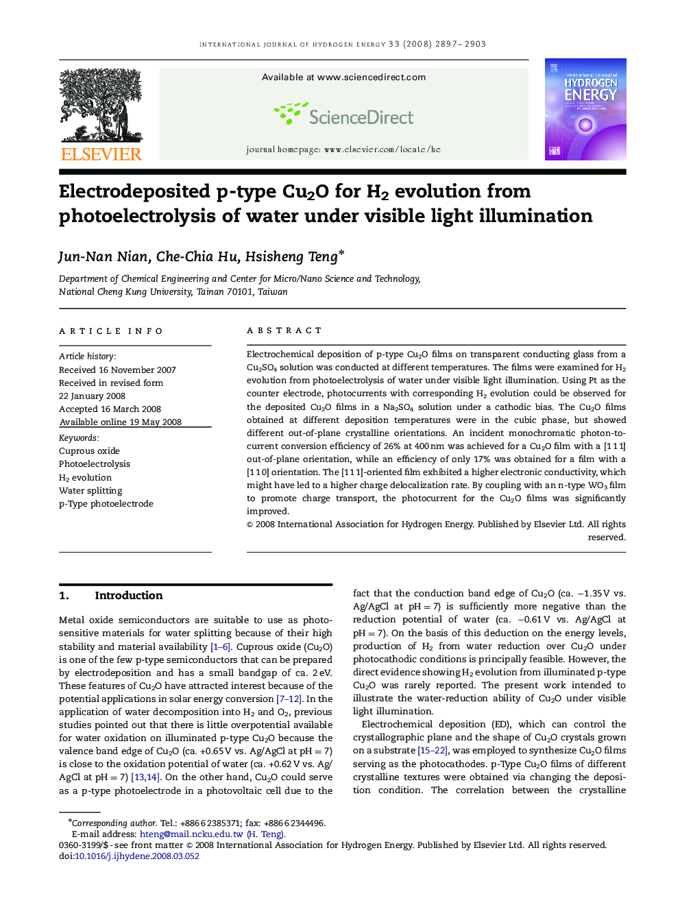 Electrodeposited p-type Cu2O for H2 evolution from photoelectrolysis of water under visible light illumination