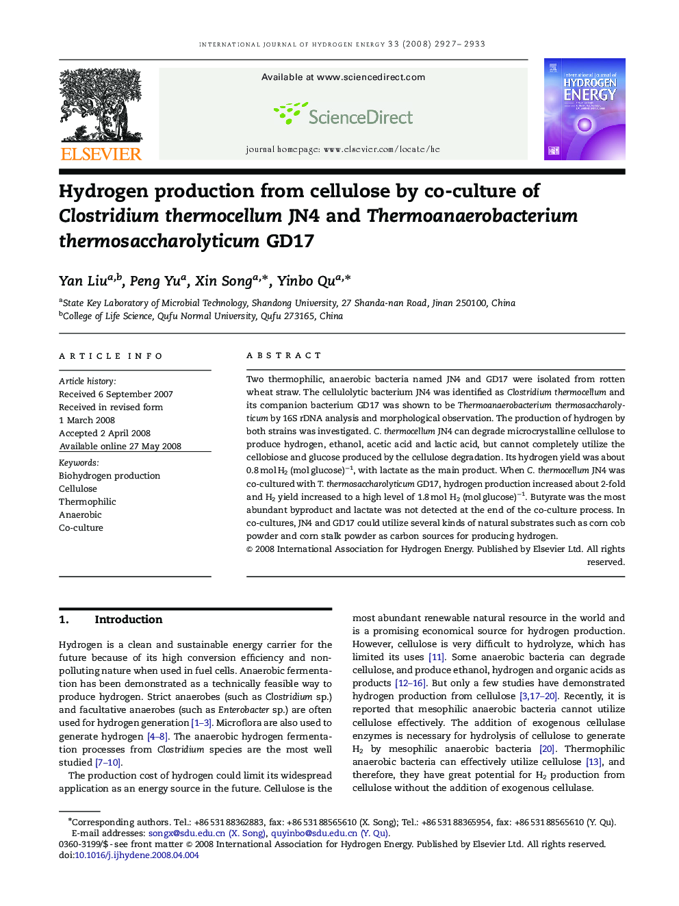 Hydrogen production from cellulose by co-culture of Clostridium thermocellum JN4 and Thermoanaerobacterium thermosaccharolyticum GD17