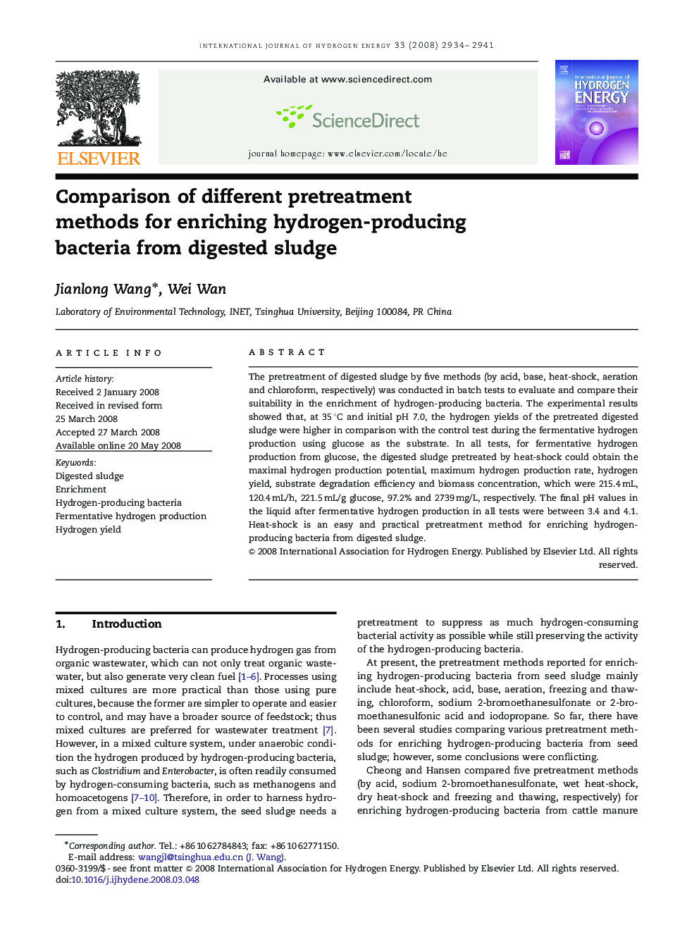 Comparison of different pretreatment methods for enriching hydrogen-producing bacteria from digested sludge