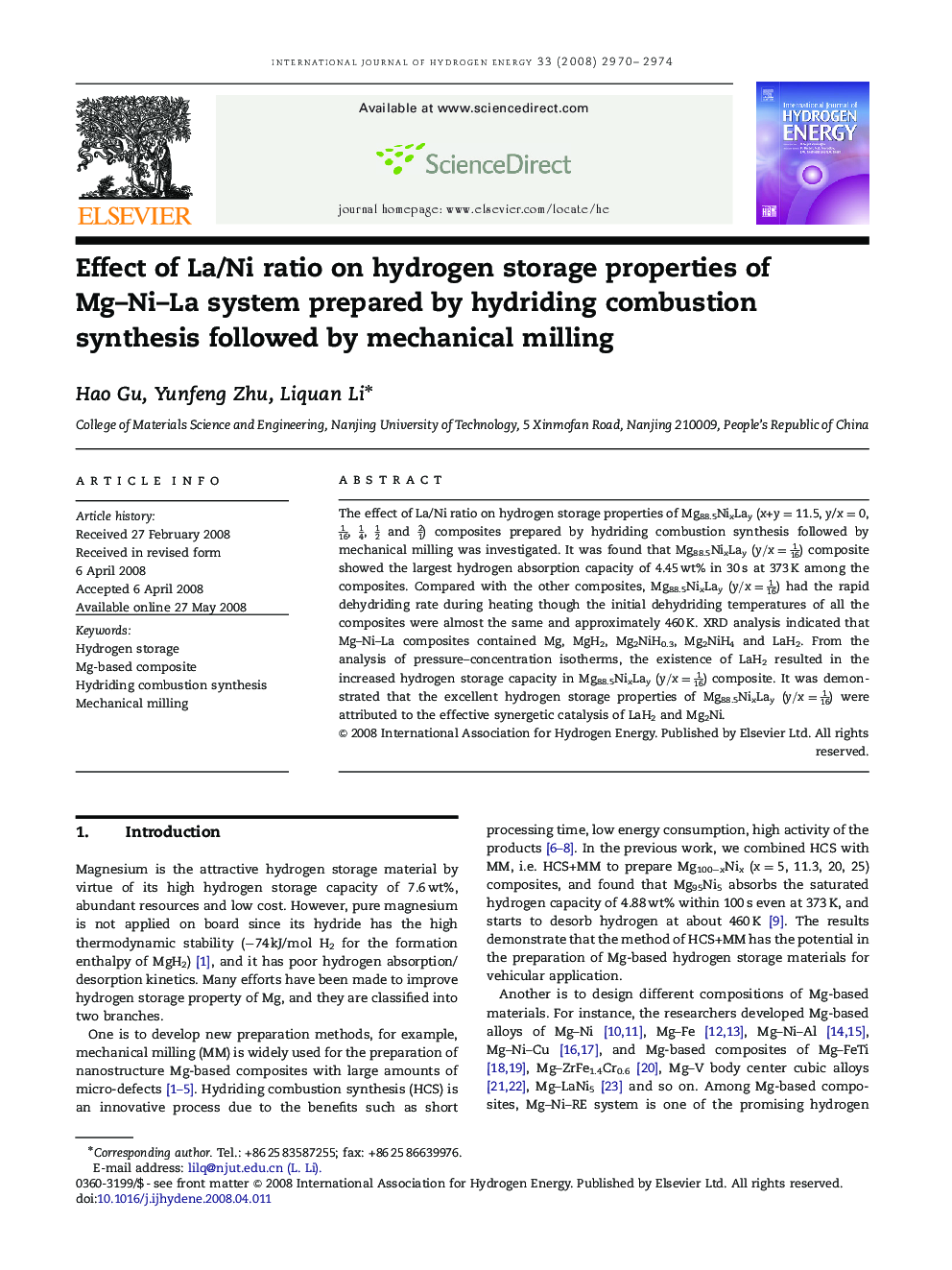 Effect of La/Ni ratio on hydrogen storage properties of Mg–Ni–La system prepared by hydriding combustion synthesis followed by mechanical milling