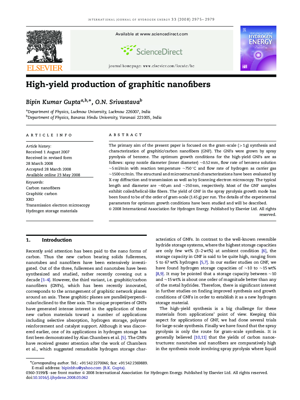 High-yield production of graphitic nanofibers