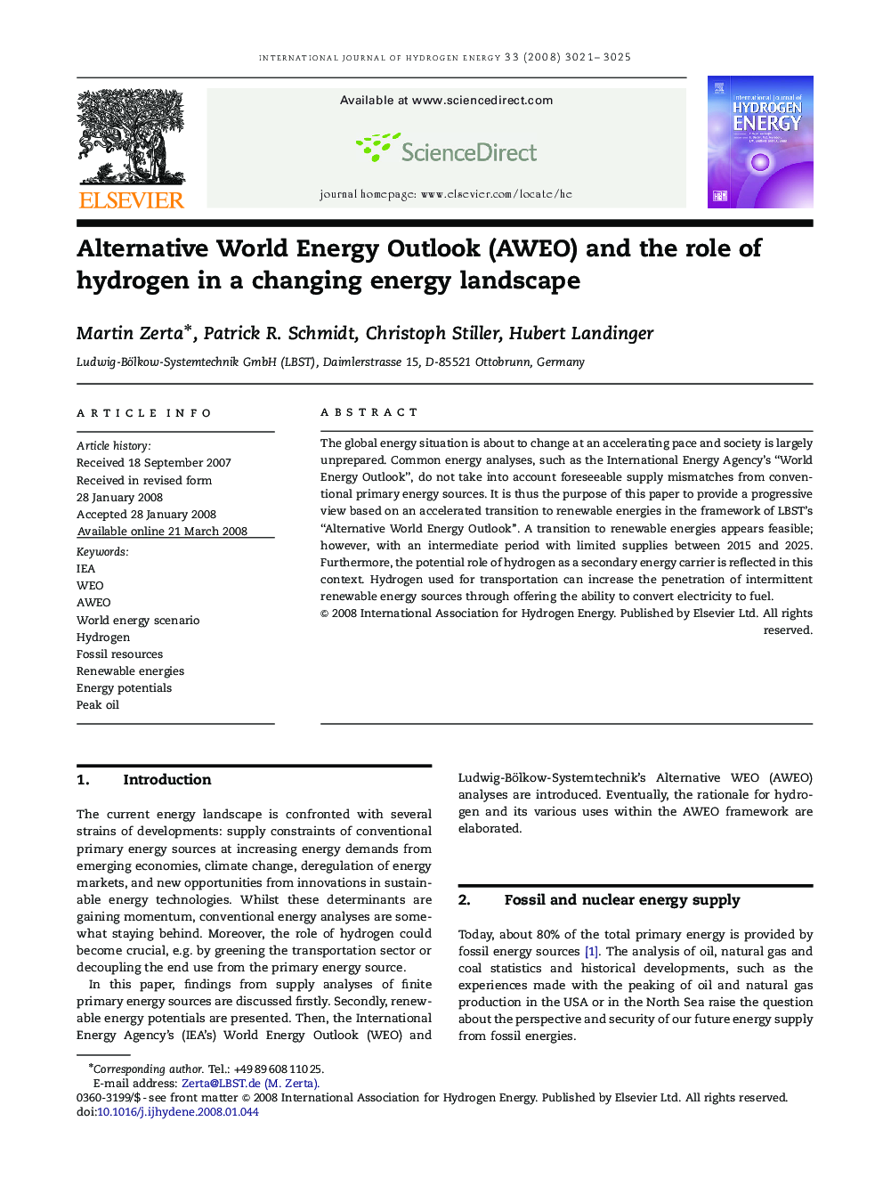 Alternative World Energy Outlook (AWEO) and the role of hydrogen in a changing energy landscape