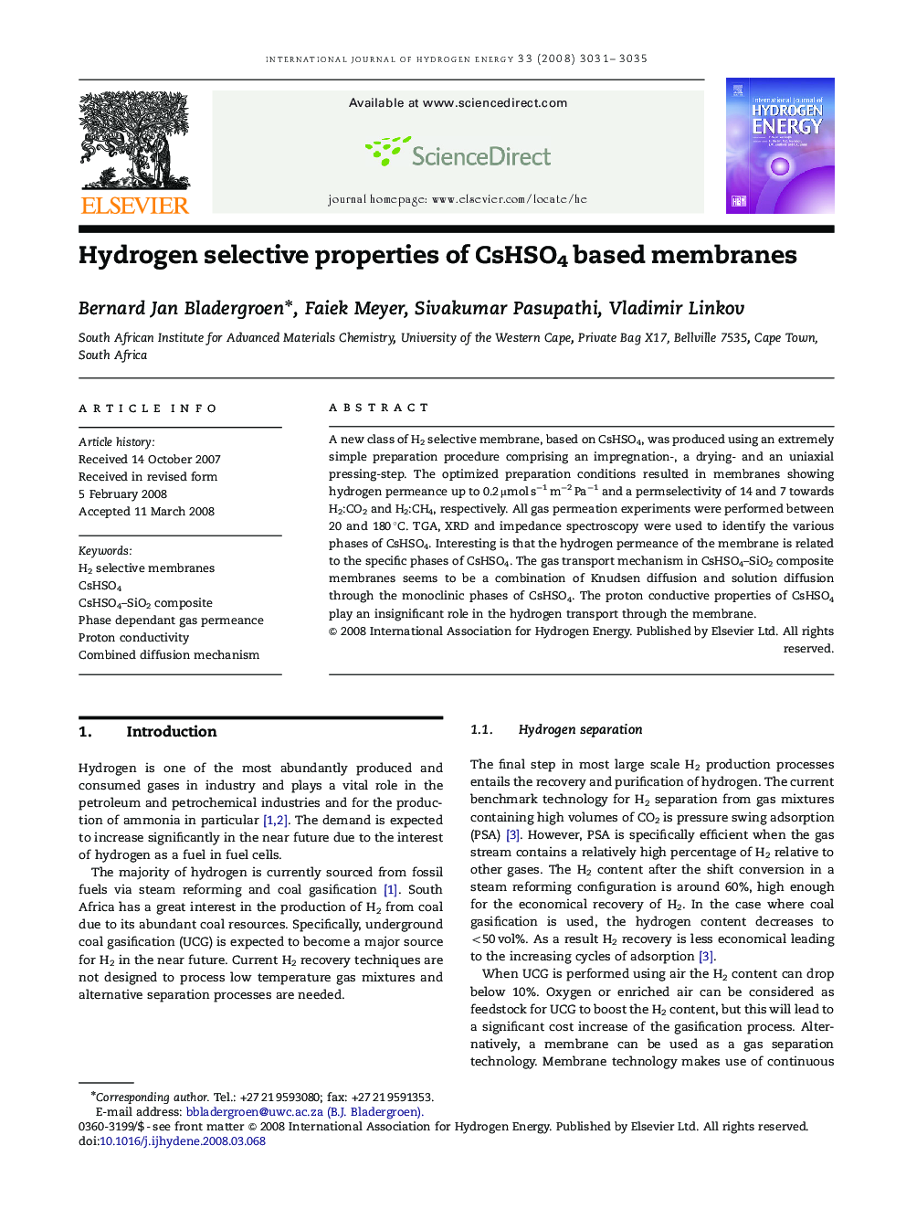 Hydrogen selective properties of CsHSO4 based membranes