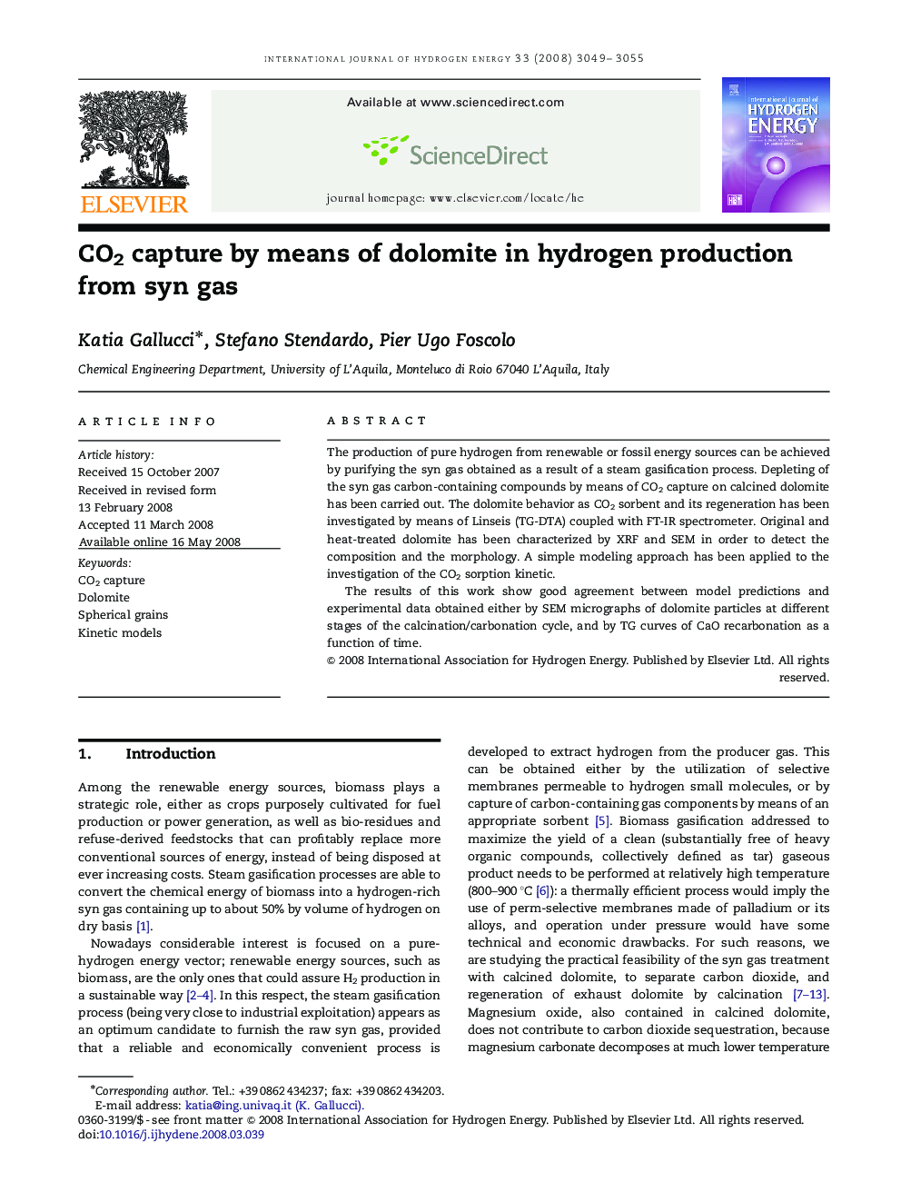 CO2 capture by means of dolomite in hydrogen production from syn gas