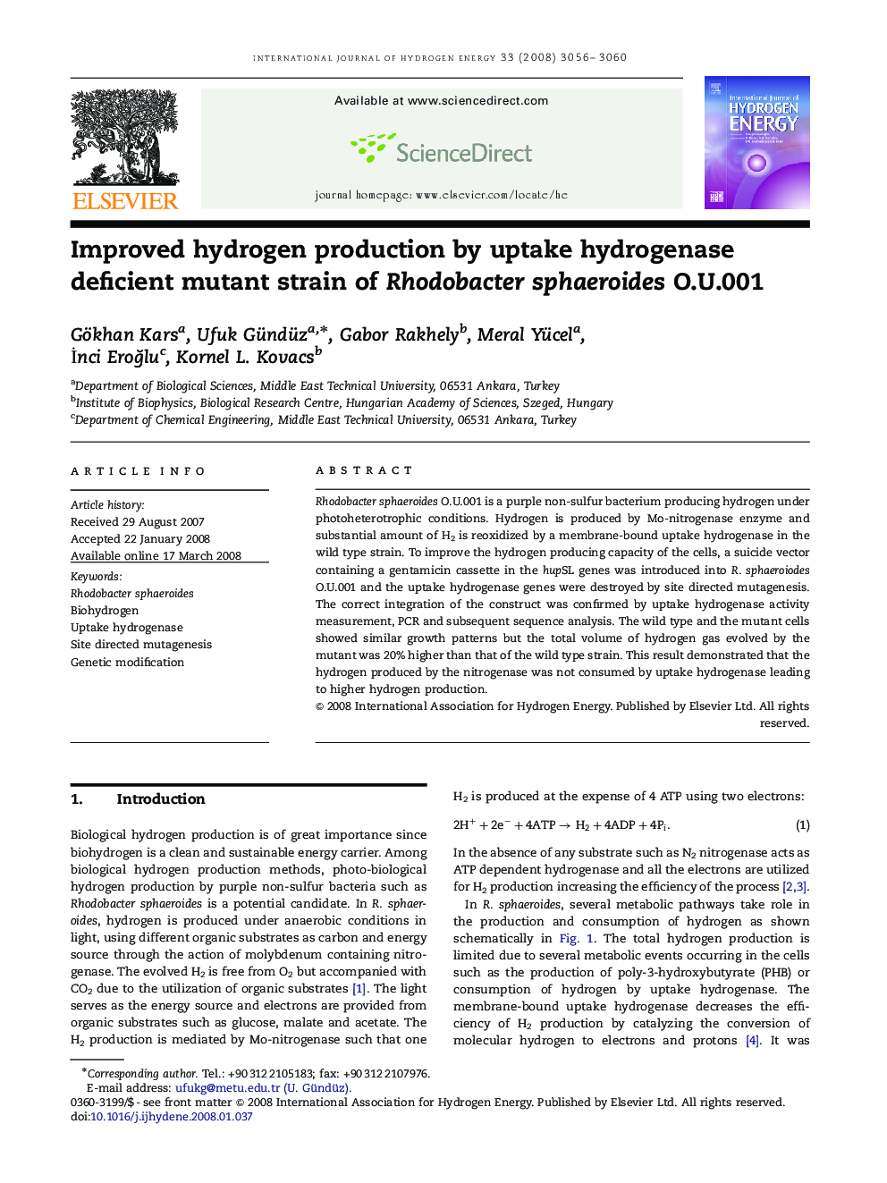 Improved hydrogen production by uptake hydrogenase deficient mutant strain of Rhodobacter sphaeroides O.U.001