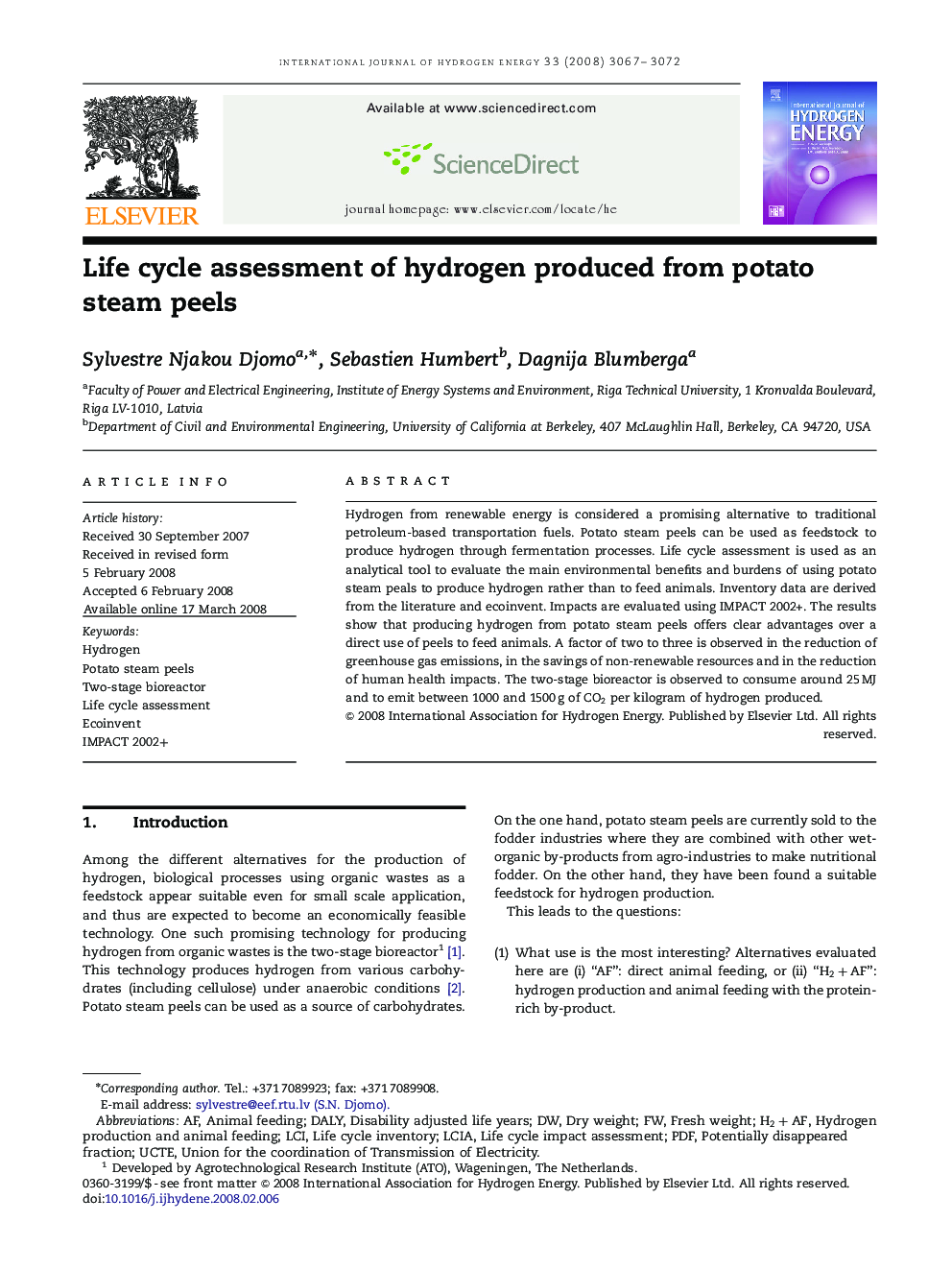 Life cycle assessment of hydrogen produced from potato steam peels