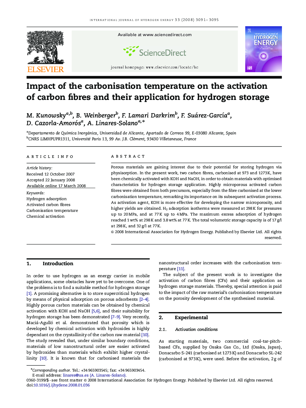Impact of the carbonisation temperature on the activation of carbon fibres and their application for hydrogen storage