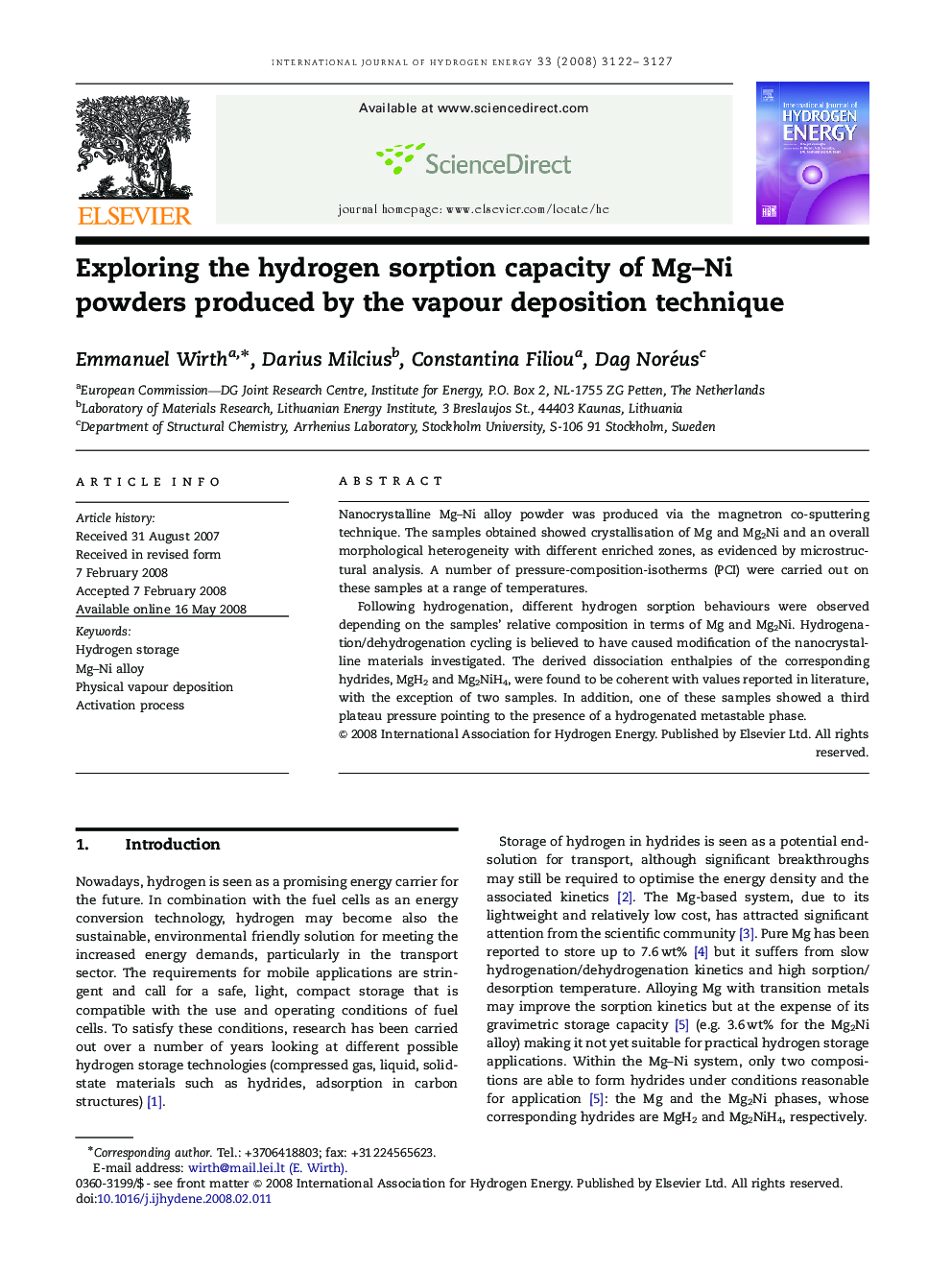 Exploring the hydrogen sorption capacity of Mg–Ni powders produced by the vapour deposition technique