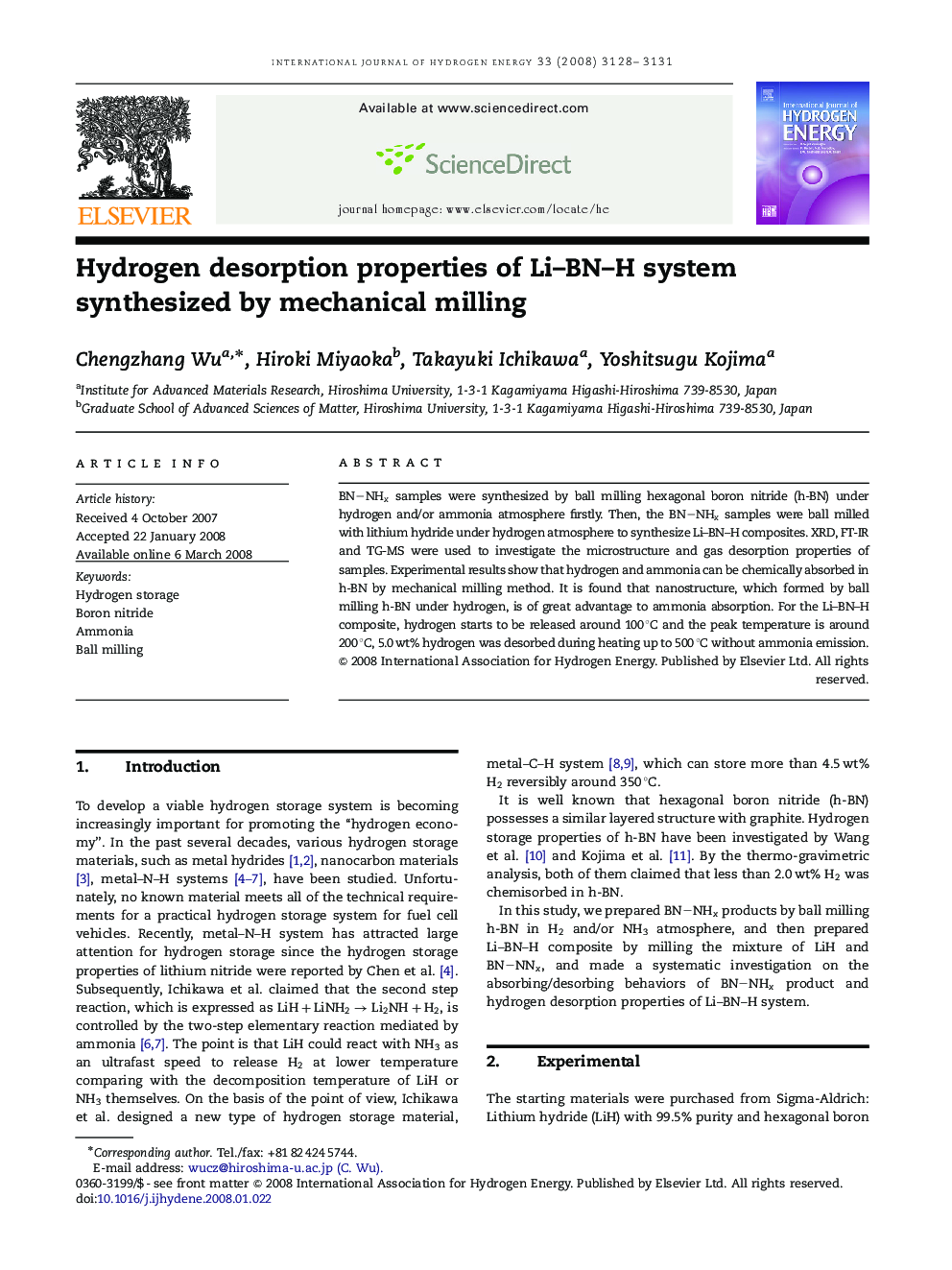 Hydrogen desorption properties of Li–BN–H system synthesized by mechanical milling