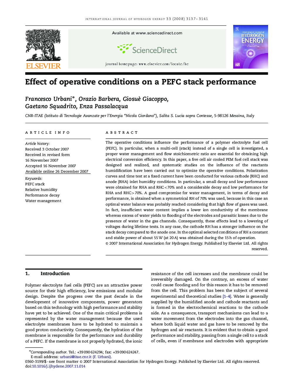 Effect of operative conditions on a PEFC stack performance