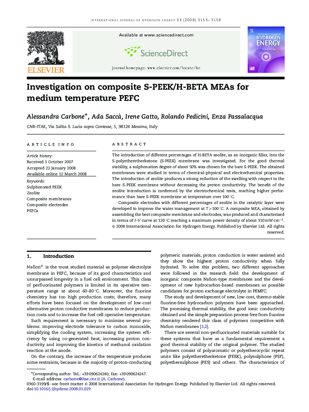 Investigation on composite S-PEEK/H-BETA MEAs for medium temperature PEFC