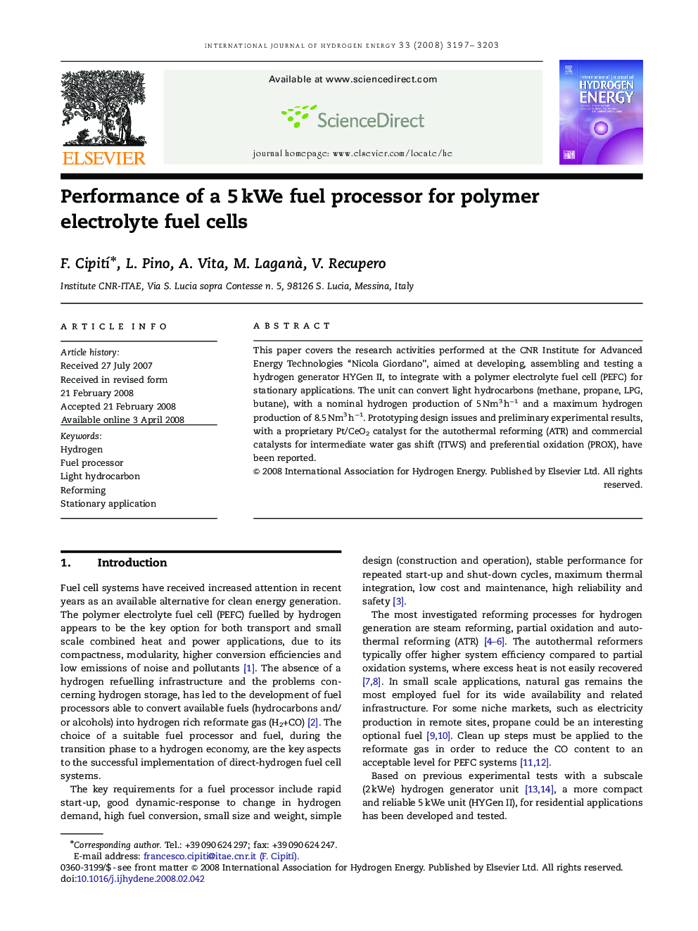 Performance of a 5 kWe fuel processor for polymer electrolyte fuel cells