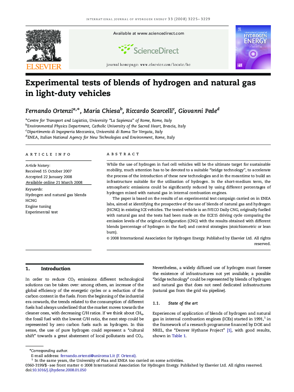 Experimental tests of blends of hydrogen and natural gas in light-duty vehicles